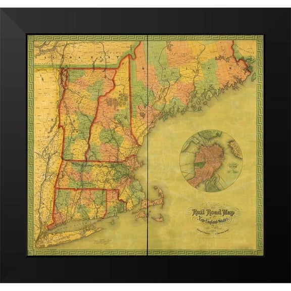 Vintage Maps 13x12 Black Modern Framed Museum Art Print Titled - New England States 1854
