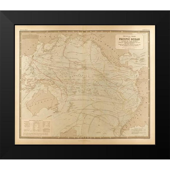 Vintage Maps 13x12 Black Modern Framed Museum Art Print Titled - Physical Chart of the Pacific Ocean