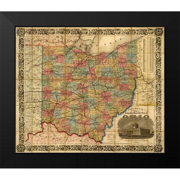 Vintage Maps 13x12 Black Modern Framed Museum Art Print Titled - Railroad Township Map of the States of Ohio 1854