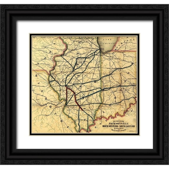 Vintage Maps 13x12 Black Ornate Wood Framed with Double Matting Museum Art Print Titled - Jacksonville North Western and South Eastern Railway 1855
