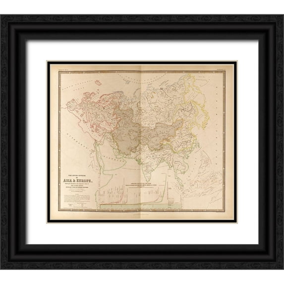 Vintage Maps 13x12 Black Ornate Wood Framed with Double Matting Museum Art Print Titled - River Systems of Asia and Europe