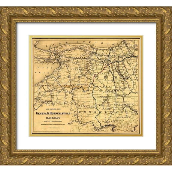 Vintage Maps 13x12 Gold Ornate Wood Framed with Double Matting Museum Art Print Titled - Geneva and Hornellsville Railroad 1875