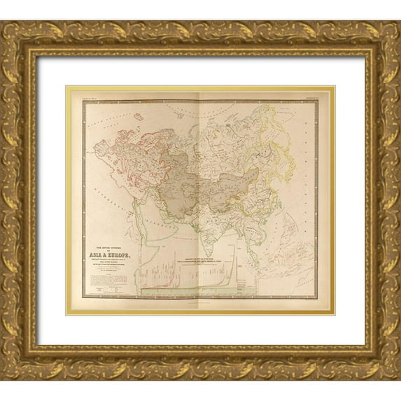 Vintage Maps 13x12 Gold Ornate Wood Framed with Double Matting Museum Art Print Titled - River Systems of Asia and Europe