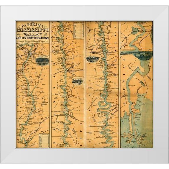 Vintage Maps 13x12 White Modern Wood Framed Museum Art Print Titled - Panorama of the Mississippi Valley : and its fortifications 1863