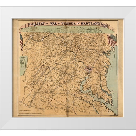 Vintage Maps 13x12 White Modern Wood Framed Museum Art Print Titled - Seat of War Virginia and Maryland 1863
