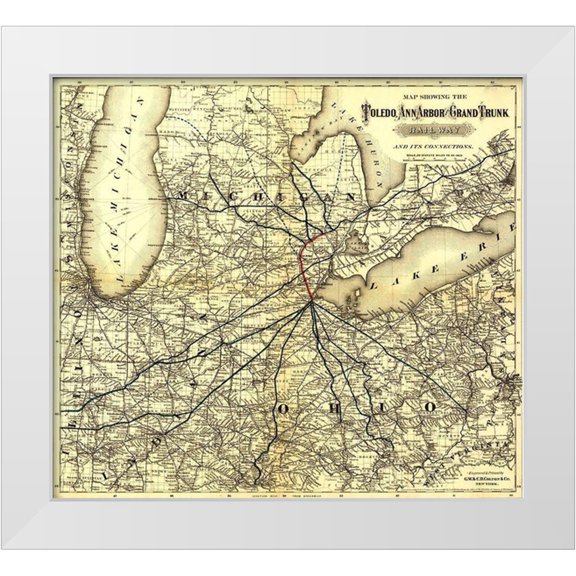 Vintage Maps 13x12 White Modern Wood Framed Museum Art Print Titled - Toledo Ann Arbor Grand Trunk Railway 1881