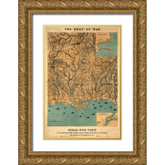 Vintage Maps 13x18 Gold Ornate Wood Framed with Double Matting Museum Art Print Titled - Birds eye view of the Mississippi Valley from Cairo to the Gulf of Mexico 1861