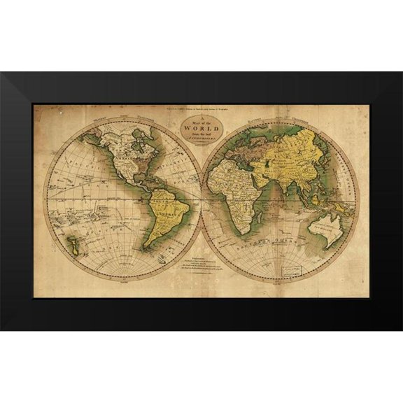 Vintage Maps 14x10 Black Modern Framed Museum Art Print Titled - World Map 1795