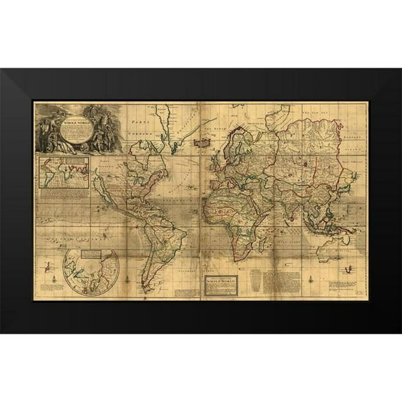 Vintage Maps 14x10 Black Modern Framed Museum Art Print Titled - World Map