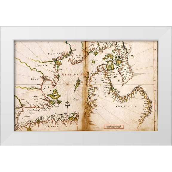 Vintage Maps 14x10 White Modern Wood Framed Museum Art Print Titled - Baltic Sea in a Polar Projection 1630
