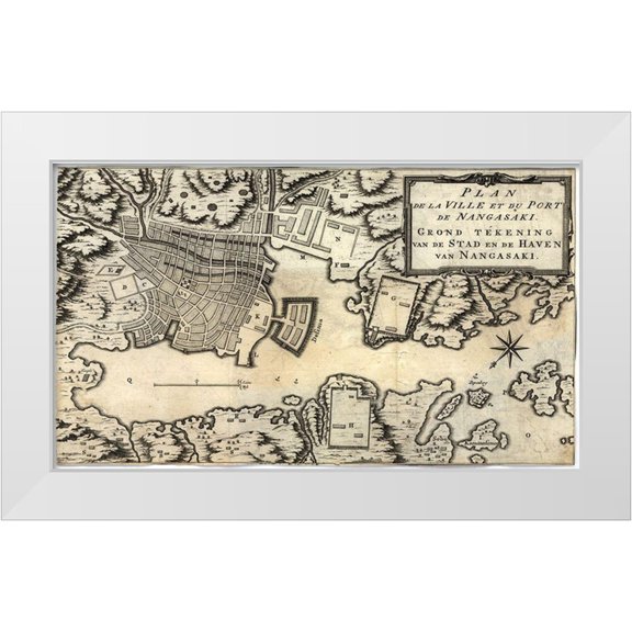 Vintage Maps 14x10 White Modern Wood Framed Museum Art Print Titled - City Plan of Nagasaki-Japan in the 18th Century