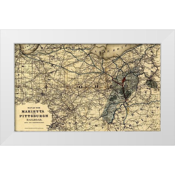 Vintage Maps 14x10 White Modern Wood Framed Museum Art Print Titled - Marietta and Pittsburgh Railroad 1871