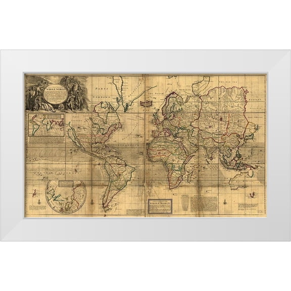 Vintage Maps 14x10 White Modern Wood Framed Museum Art Print Titled - World Map