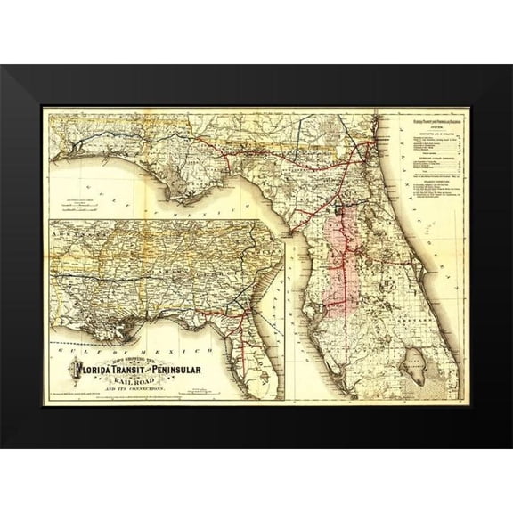 Vintage Maps 14x11 Black Modern Framed Museum Art Print Titled - Florida Transit and Peninsula Rail Road 1882