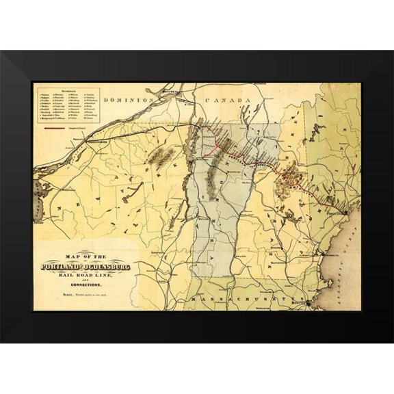 Vintage Maps 14x11 Black Modern Framed Museum Art Print Titled - Portland and Ogdensburg Rail Road 1850
