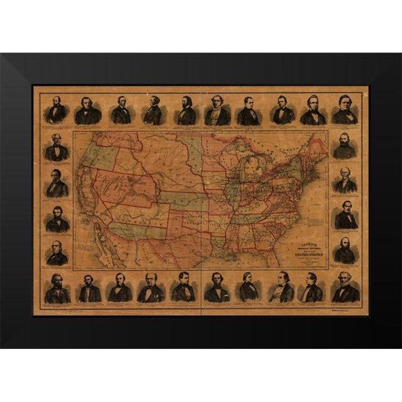 Vintage Maps 14x11 Black Modern Framed Museum Art Print Titled - Railroad Barons with US Lines and Proposed Mail Routes