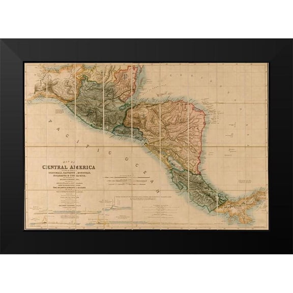 Vintage Maps 14x11 Black Modern Framed Museum Art Print Titled - Topographic Map of Central America 1850