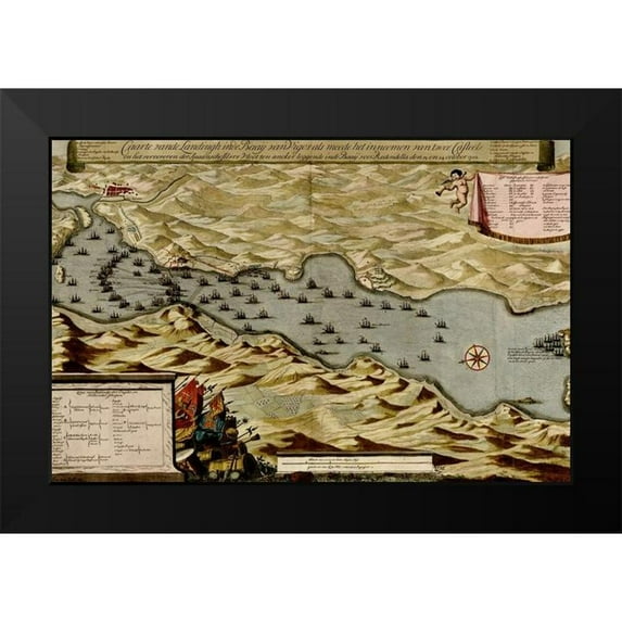 Vintage Maps 14x11 Black Modern Framed Museum Art Print Titled - Vigos Spain 1700 Battle of Vigo Bay