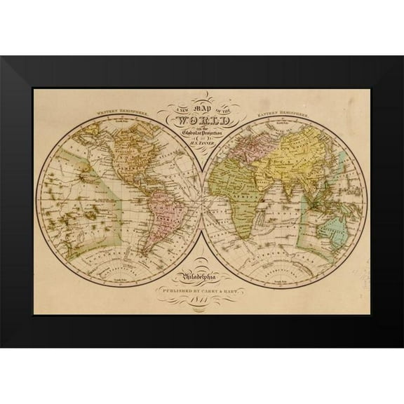 Vintage Maps 14x11 Black Modern Framed Museum Art Print Titled - World Map 1844