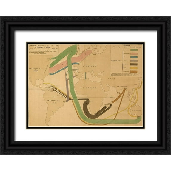Vintage Maps 14x11 Black Ornate Wood Framed with Double Matting Museum Art Print Titled - World Emigration Patterns 1862