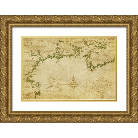 Vintage Maps 14x11 Gold Ornate Wood Framed with Double Matting Museum Art Print Titled - New France by Champlain