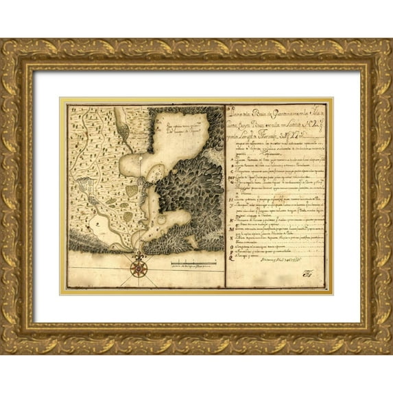 Vintage Maps 14x11 Gold Ornate Wood Framed with Double Matting Museum Art Print Titled - Plan of Guantanamo Bay Cuba 1751