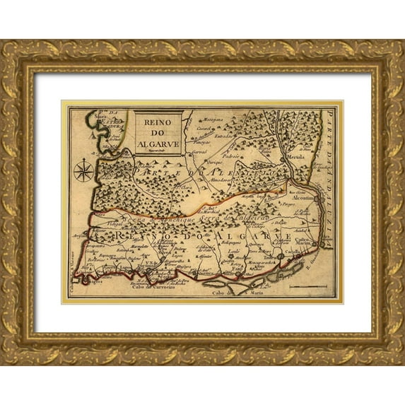 Vintage Maps 14x11 Gold Ornate Wood Framed with Double Matting Museum Art Print Titled - Portugal 1730 Reino del Algarve