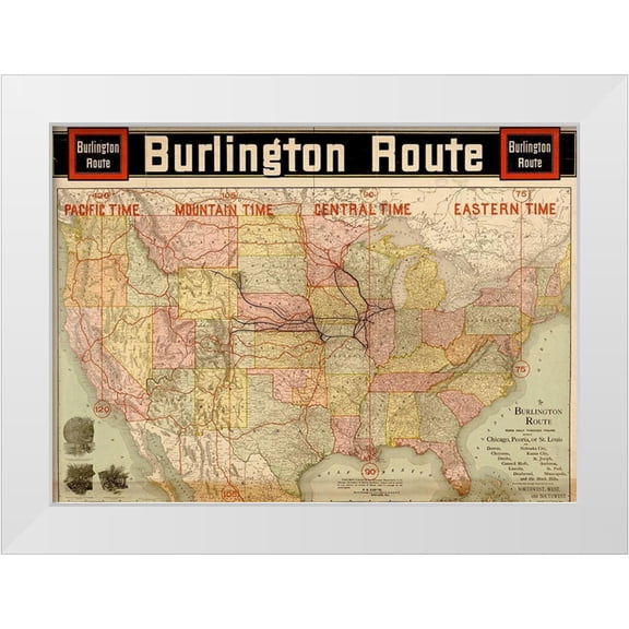 Vintage Maps 14x11 White Modern Wood Framed Museum Art Print Titled - Burlington Route with Time Zones 1892