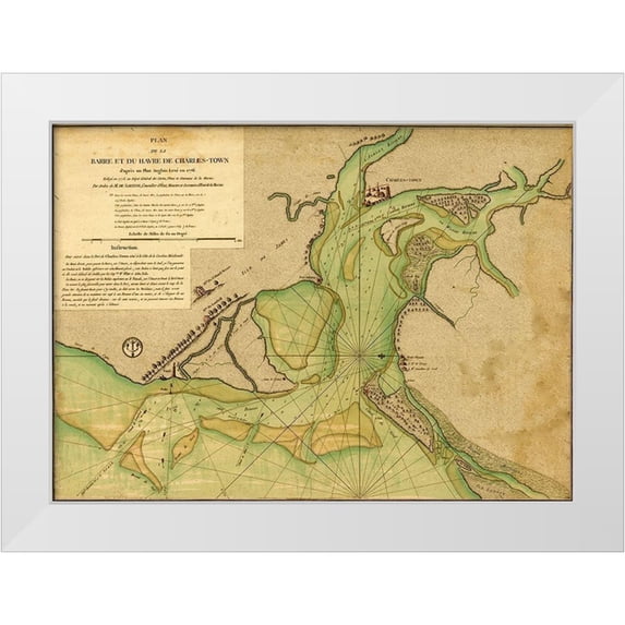 Vintage Maps 14x11 White Modern Wood Framed Museum Art Print Titled - Charlestown Harbor after capture by the British