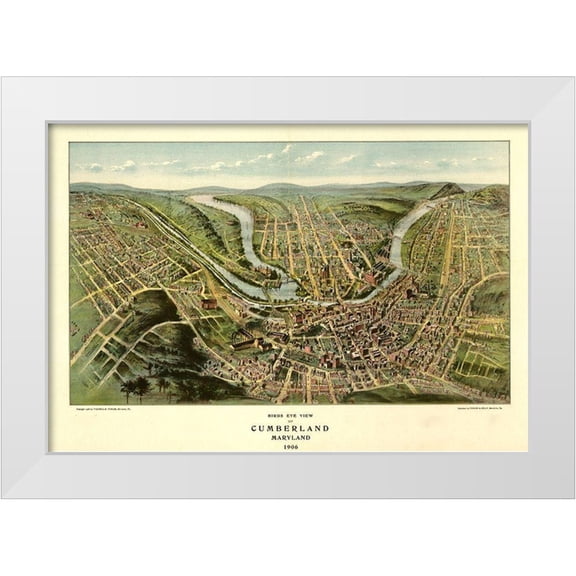 Vintage Maps 14x11 White Modern Wood Framed Museum Art Print Titled - Cumberland-Maryland 1906