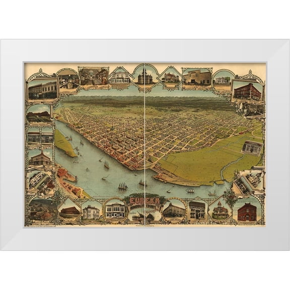 Vintage Maps 14x11 White Modern Wood Framed Museum Art Print Titled - Eureka-Humboldt County-California. 1902