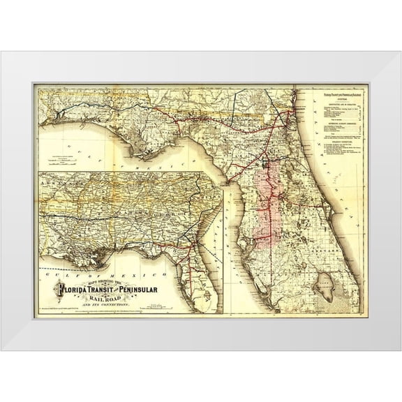 Vintage Maps 14x11 White Modern Wood Framed Museum Art Print Titled - Florida Transit and Peninsula Rail Road 1882