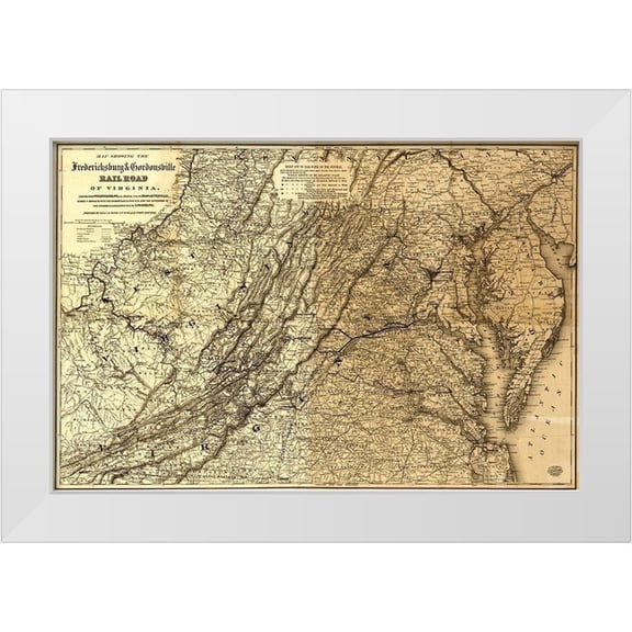 Vintage Maps 14x11 White Modern Wood Framed Museum Art Print Titled - Fredericksburg and Gordonsville Rail Road 1869