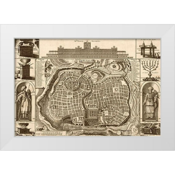 Vintage Maps 14x11 White Modern Wood Framed Museum Art Print Titled - Jerusalem and Solomons Temple