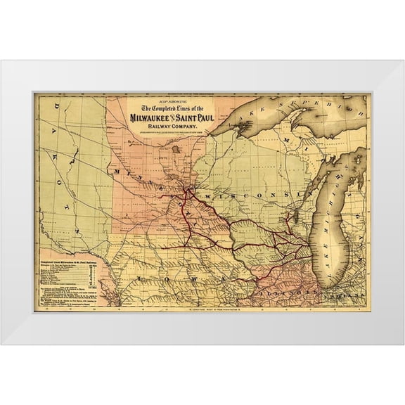Vintage Maps 14x11 White Modern Wood Framed Museum Art Print Titled - Milwaukee and Saint Paul Railway 1872