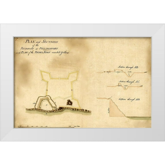Vintage Maps 14x11 White Modern Wood Framed Museum Art Print Titled - Plan and sections of the redoubt at Billingsfort 1777