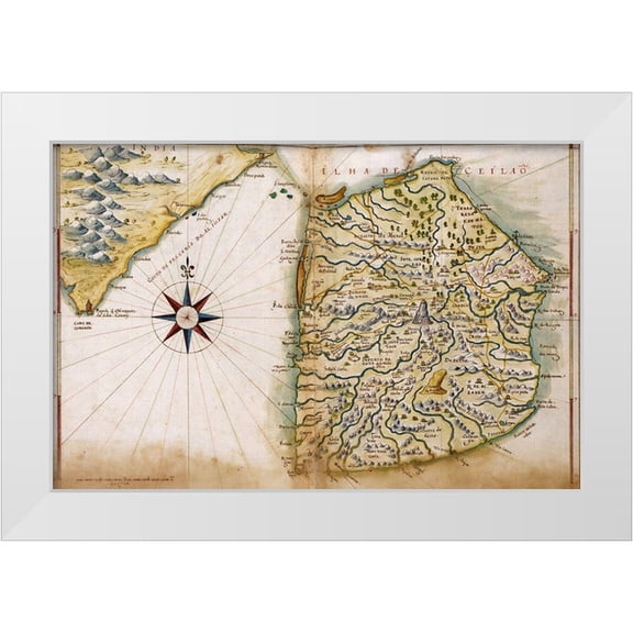 Vintage Maps 14x11 White Modern Wood Framed Museum Art Print Titled - Portuguese map of Ceylon and India 1630