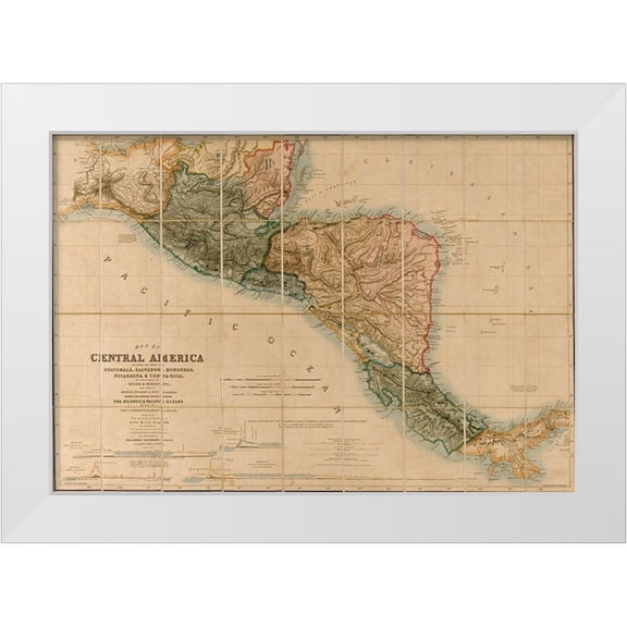 Vintage Maps 14x11 White Modern Wood Framed Museum Art Print Titled - Topographic Map of Central America 1850