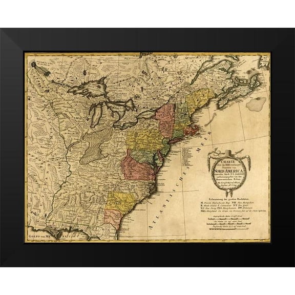 Vintage Maps 14x12 Black Modern Framed Museum Art Print Titled - Eighteenth Century Map of the United States 1784