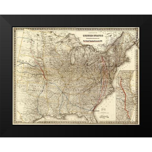 Vintage Maps 14x12 Black Modern Framed Museum Art Print Titled - Fort Scott Topeka and Lincoln R R 1883