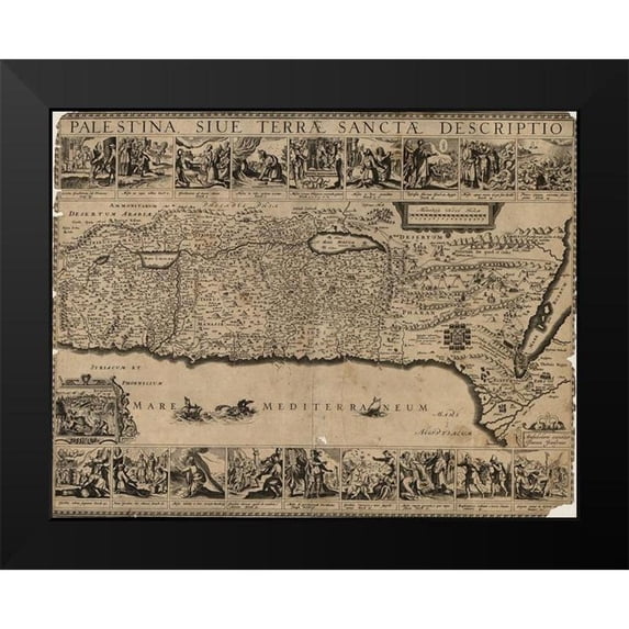 Vintage Maps 14x12 Black Modern Framed Museum Art Print Titled - Holyland Land Palestine 1650