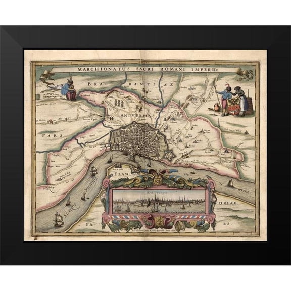 Vintage Maps 14x12 Black Modern Framed Museum Art Print Titled - Map of Antwerp Belgium