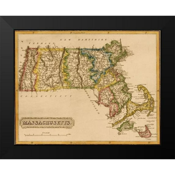 Vintage Maps 14x12 Black Modern Framed Museum Art Print Titled - Massachusetts 1817