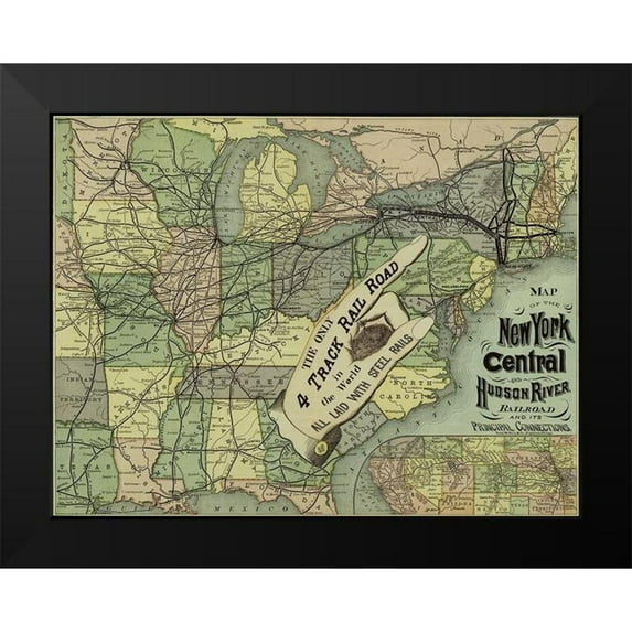 Vintage Maps 14x12 Black Modern Framed Museum Art Print Titled - New York Central and Hudson River Railroad 1876