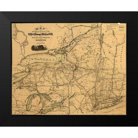 Vintage Maps 14x12 Black Modern Framed Museum Art Print Titled - New York and Oswego 1869