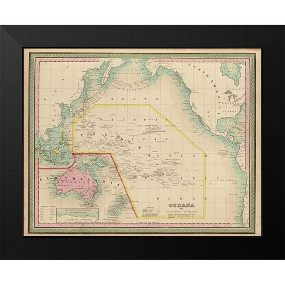 Vintage Maps 14x12 Black Modern Framed Museum Art Print Titled - Oceania and The Pacific Ocean 1849