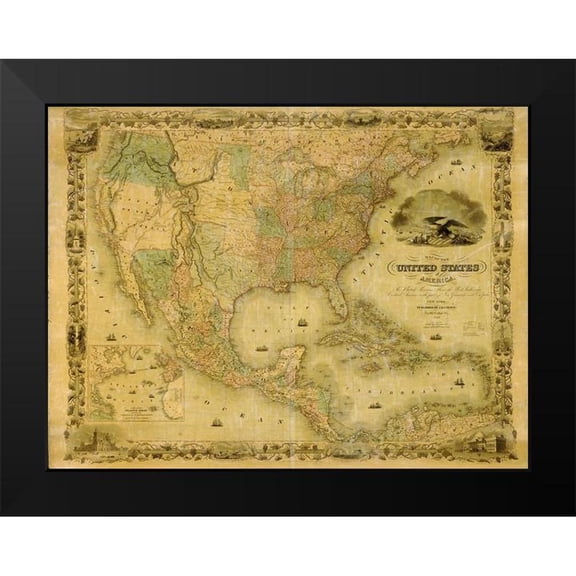 Vintage Maps 14x12 Black Modern Framed Museum Art Print Titled - United States