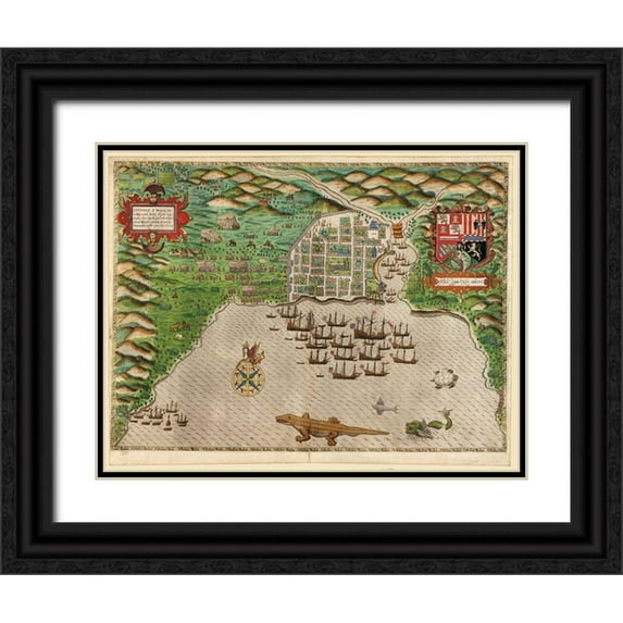 Vintage Maps 14x12 Black Ornate Wood Framed with Double Matting Museum Art Print Titled - Sir Francis Drakes West Voyage to the West Indies Santo Domingo 1589