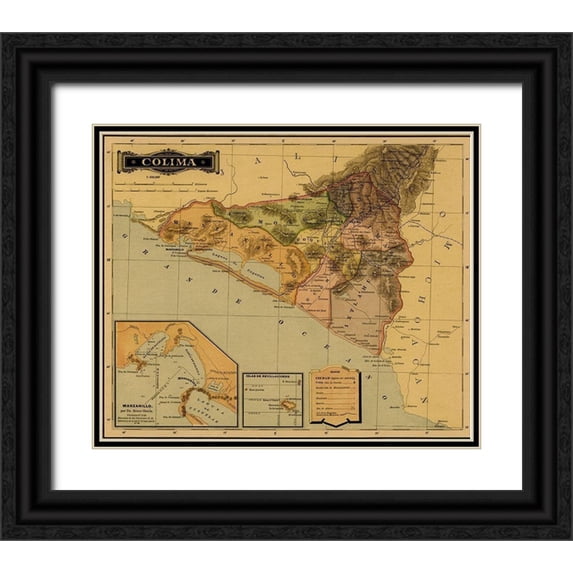 Vintage Maps 14x12 Black Ornate Wood Framed with Double Matting Museum Art Print Titled - Colima 1844