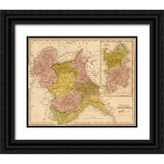 Vintage Maps 14x12 Black Ornate Wood Framed with Double Matting Museum Art Print Titled - Kingdom of Sardinia 1844
